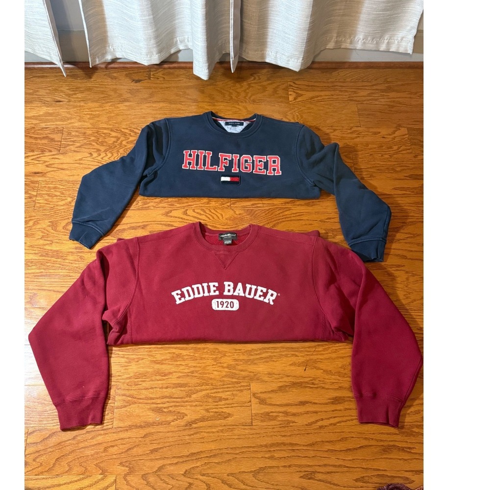 Two 90s Vintage Pullover Sweatshirts Tommy Hilfiger and Eddie Bauer Sz L & Sz XL
